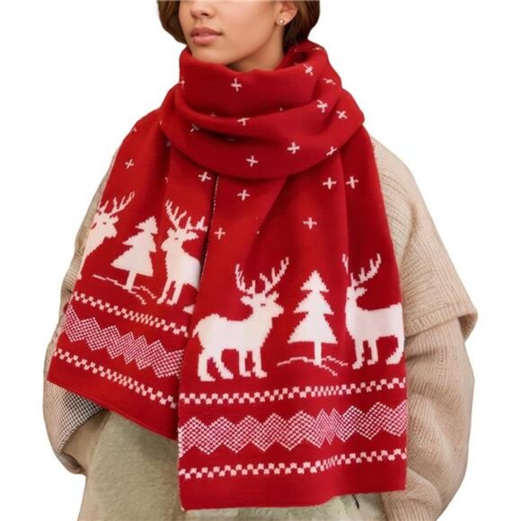 Fall & Winter Soft Knit Scarf - Reindeer & Snowflake Pattern for Women - Picture 1 of 8